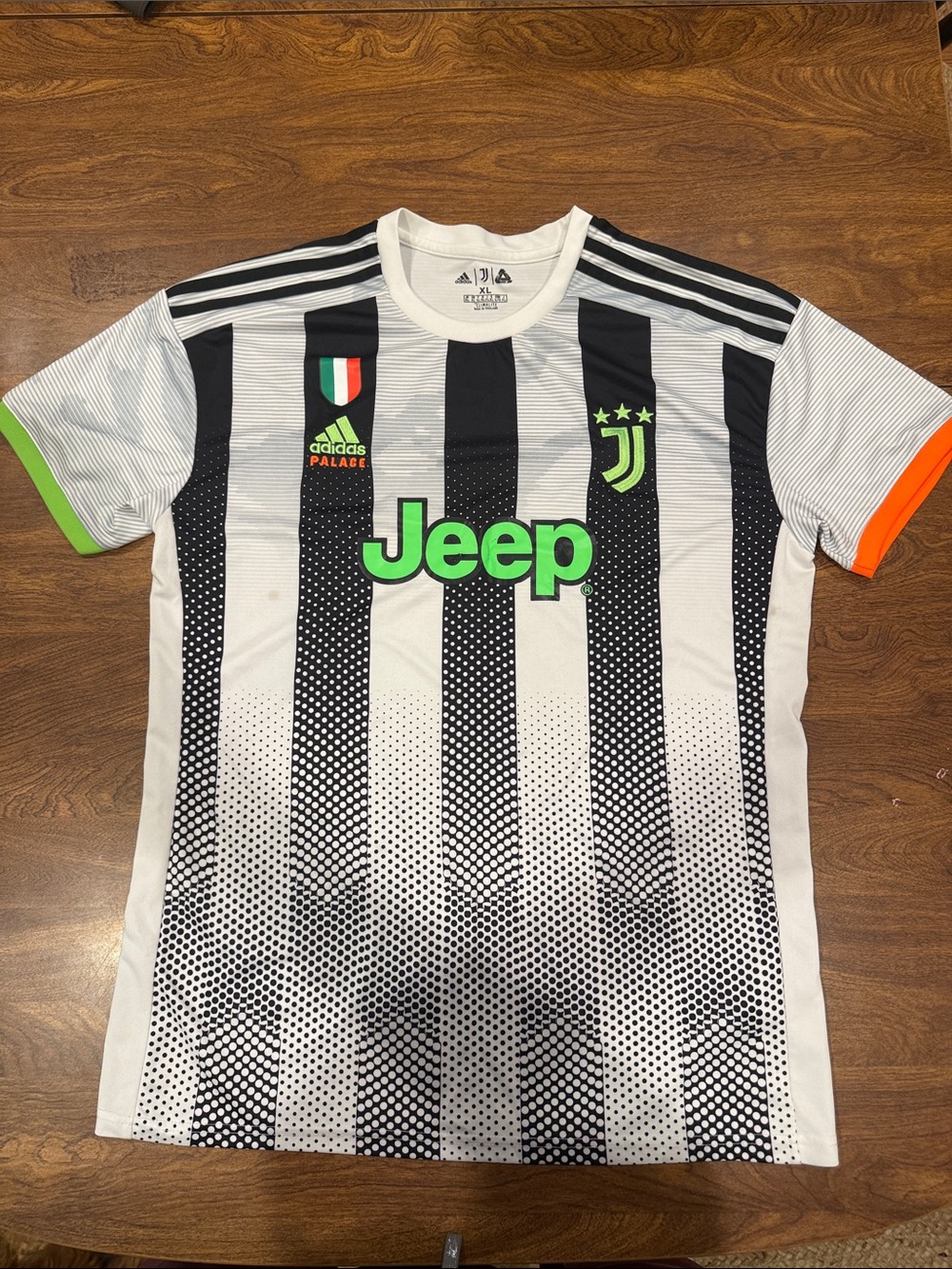 adidas Juventus Black & White Striped Jersey with Neon Green and Orange Accents